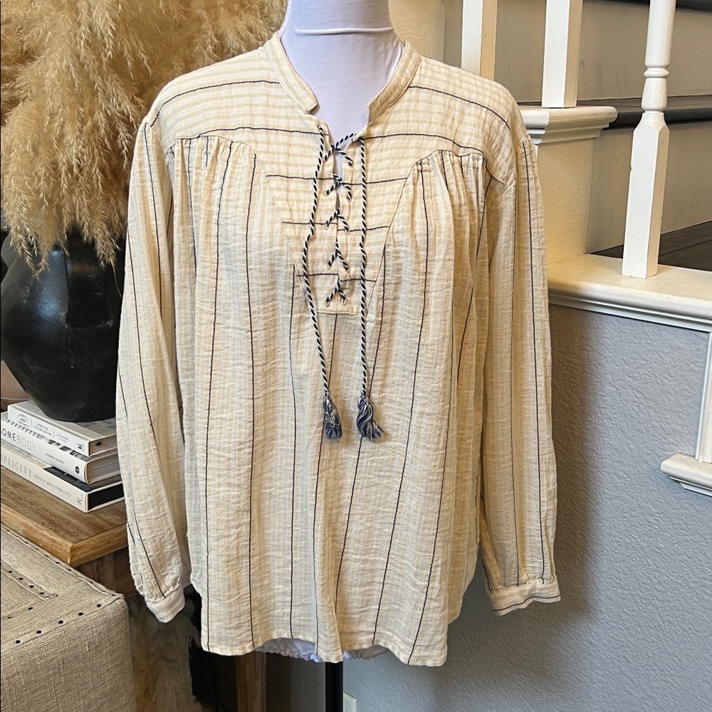 Pomandere Striped Cream Blouse with Lace-Up Detail Long Sleeve Top Size 4
